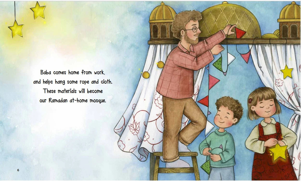 Illustration of a muslim family setting up a home mosque with text overlay.