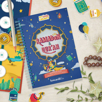A colorful Ramadan Kids Journal & Activity Book with a blue cover featuring illustrations of stars, planets, and a cartoon depiction of a character reading, alongside various playful designs and decorations.