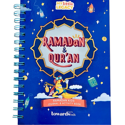 Cover of the Ramadan Kids Journal & Activity Book with illustrations and text against a blue background.
