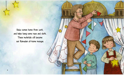 Illustration of a muslim family setting up a home mosque with text overlay.